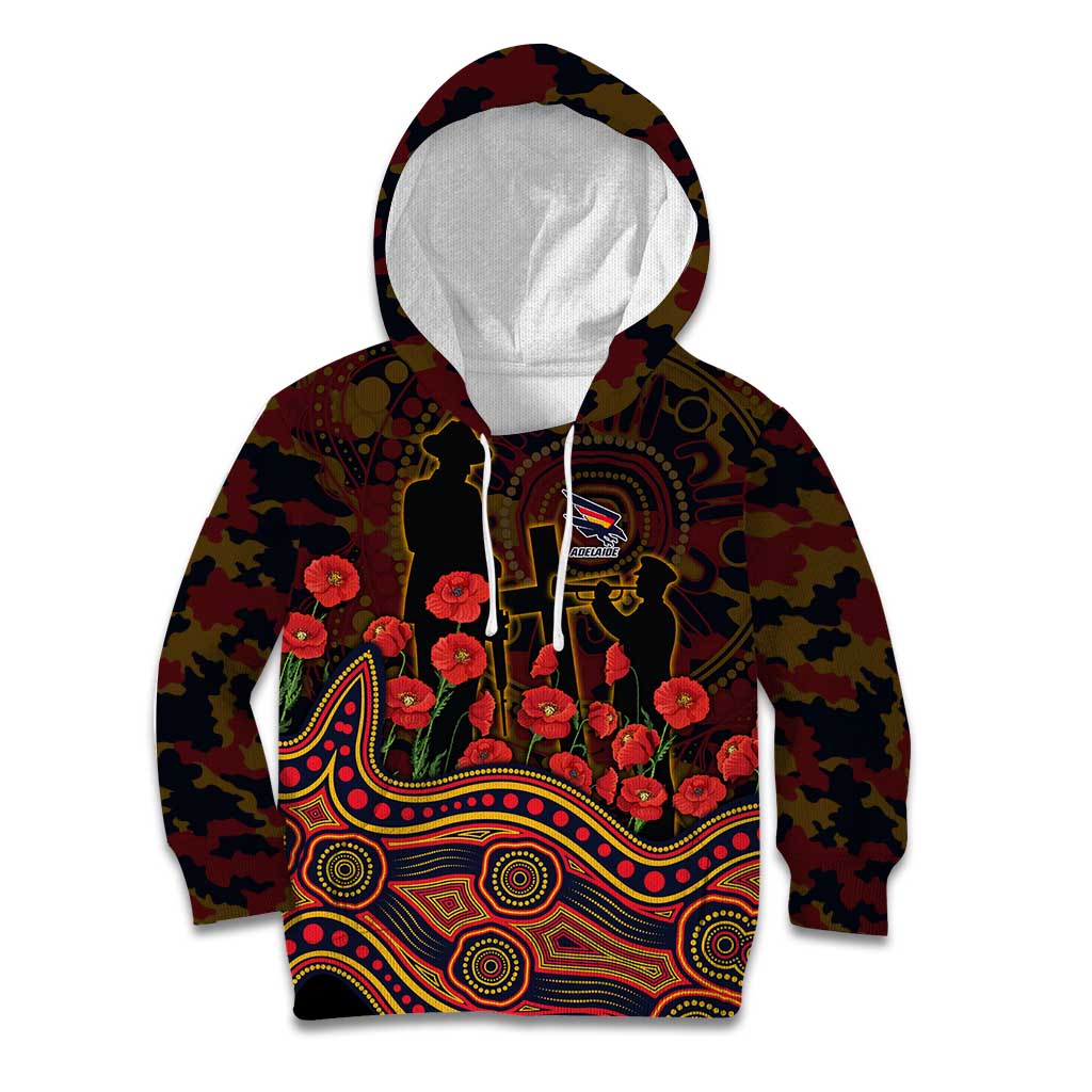 Adelaide Crows ANZAC Day Kid Hoodie Indigenous Dot Art with Poppy Flower Tribute