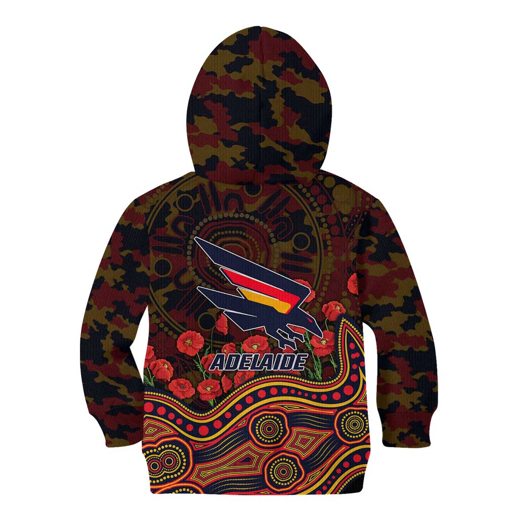 Adelaide Crows ANZAC Day Kid Hoodie Indigenous Dot Art with Poppy Flower Tribute