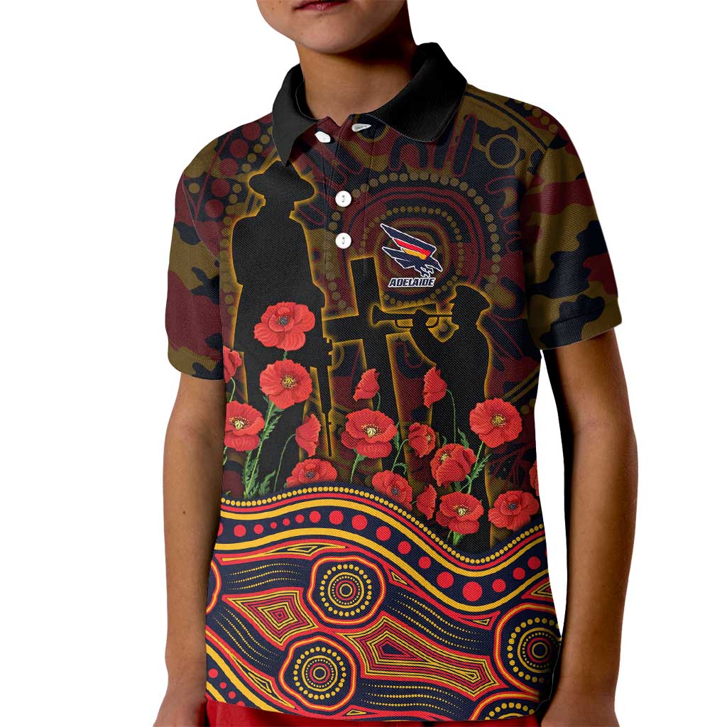 Adelaide Crows ANZAC Day Kid Polo Shirt Indigenous Dot Art with Poppy Flower Tribute