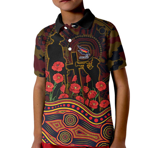 Adelaide Crows ANZAC Day Kid Polo Shirt Indigenous Dot Art with Poppy Flower Tribute