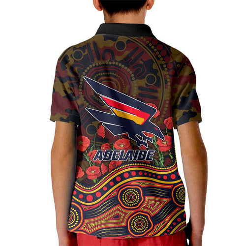 Adelaide Crows ANZAC Day Kid Polo Shirt Indigenous Dot Art with Poppy Flower Tribute