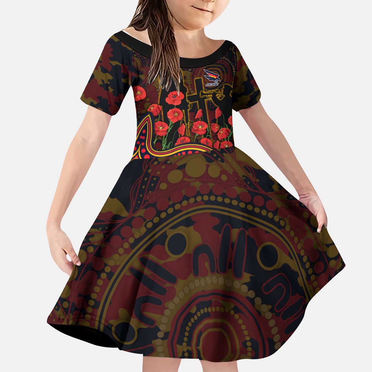 Adelaide Crows ANZAC Day Kid Short Sleeve Dress Indigenous Dot Art with Poppy Flower Tribute