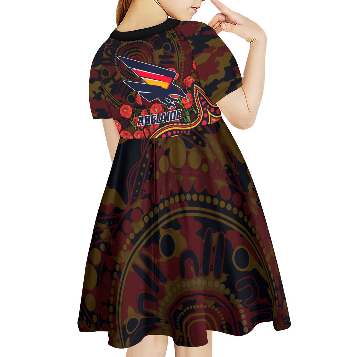 Adelaide Crows ANZAC Day Kid Short Sleeve Dress Indigenous Dot Art with Poppy Flower Tribute