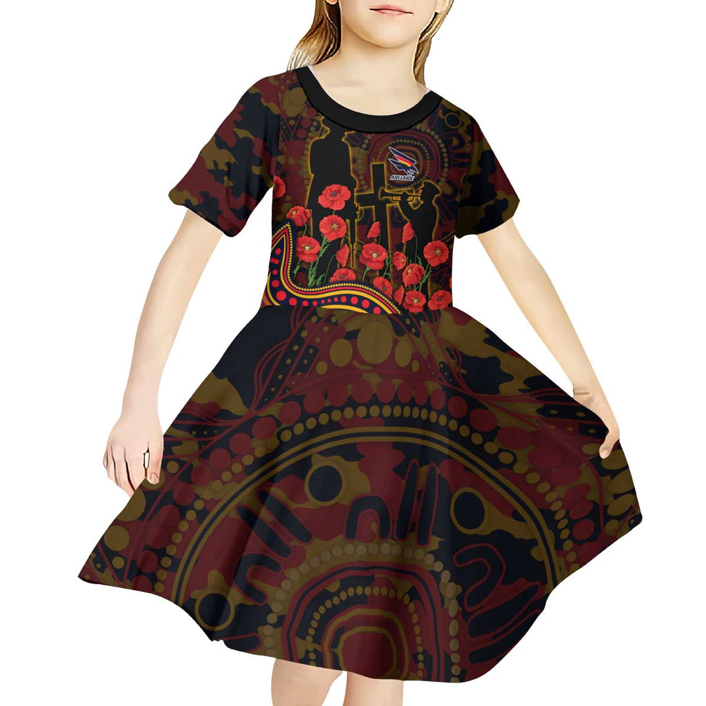 Adelaide Crows ANZAC Day Kid Short Sleeve Dress Indigenous Dot Art with Poppy Flower Tribute