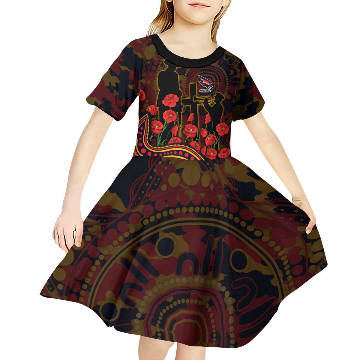 Adelaide Crows ANZAC Day Kid Short Sleeve Dress Indigenous Dot Art with Poppy Flower Tribute