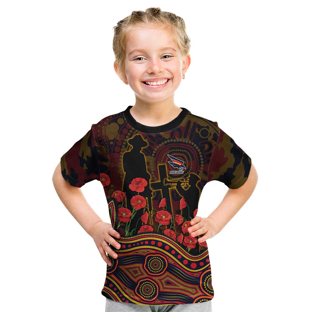 Adelaide Crows ANZAC Day Kid T Shirt Indigenous Dot Art with Poppy Flower Tribute