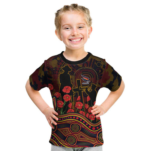 Adelaide Crows ANZAC Day Kid T Shirt Indigenous Dot Art with Poppy Flower Tribute