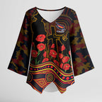 Adelaide Crows ANZAC Day Kimono Sleeve Blouse Indigenous Dot Art with Poppy Flower Tribute