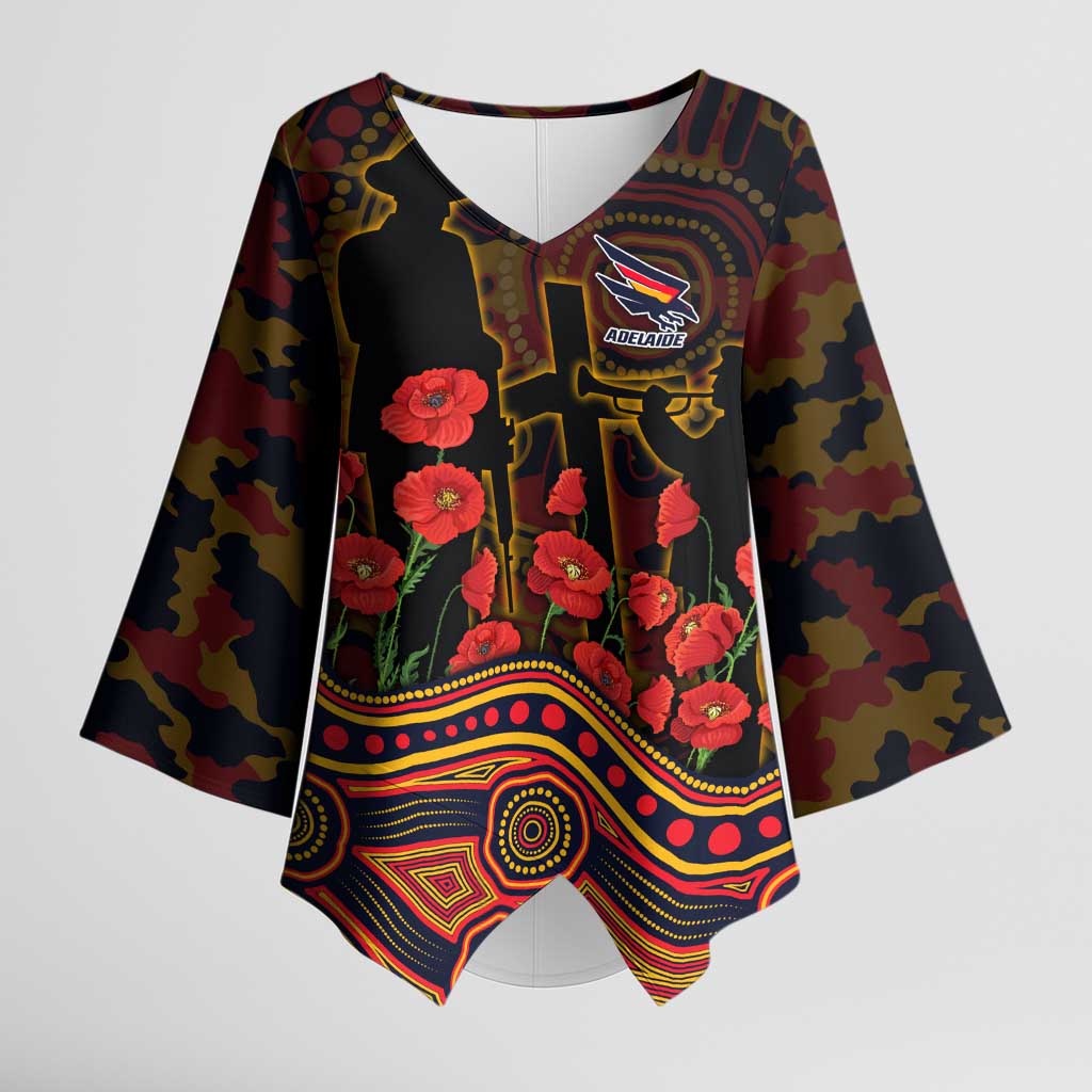 Adelaide Crows ANZAC Day Kimono Sleeve Blouse Indigenous Dot Art with Poppy Flower Tribute