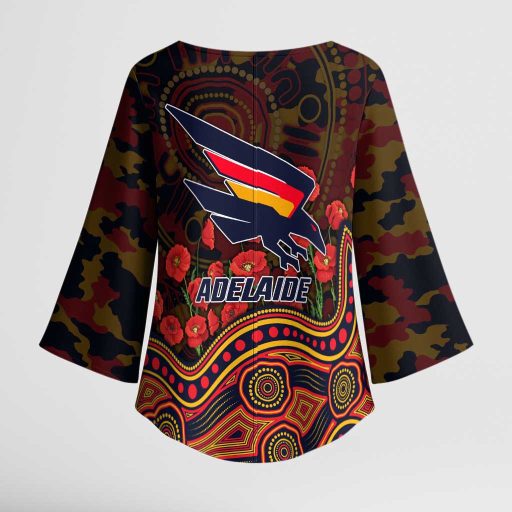 Adelaide Crows ANZAC Day Kimono Sleeve Blouse Indigenous Dot Art with Poppy Flower Tribute