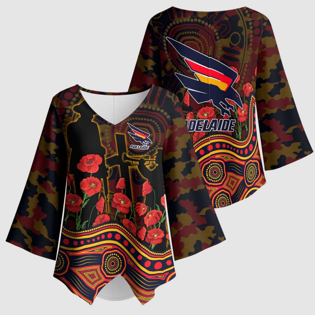 Adelaide Crows ANZAC Day Kimono Sleeve Blouse Indigenous Dot Art with Poppy Flower Tribute