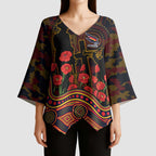 Adelaide Crows ANZAC Day Kimono Sleeve Blouse Indigenous Dot Art with Poppy Flower Tribute
