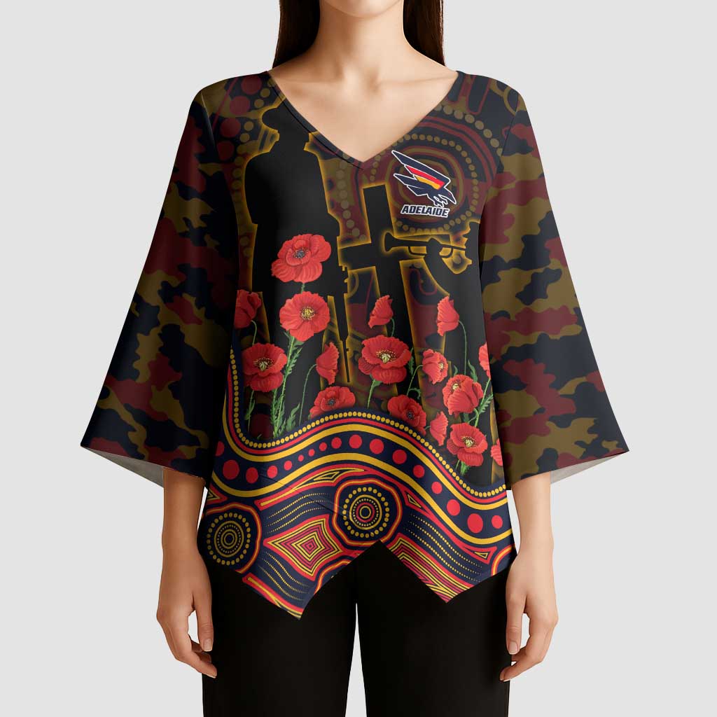 Adelaide Crows ANZAC Day Kimono Sleeve Blouse Indigenous Dot Art with Poppy Flower Tribute