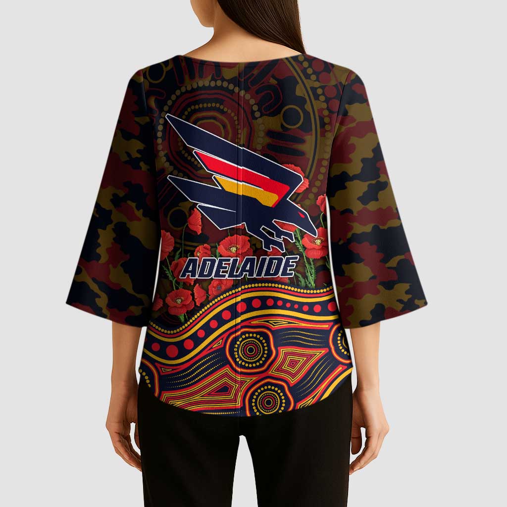 Adelaide Crows ANZAC Day Kimono Sleeve Blouse Indigenous Dot Art with Poppy Flower Tribute