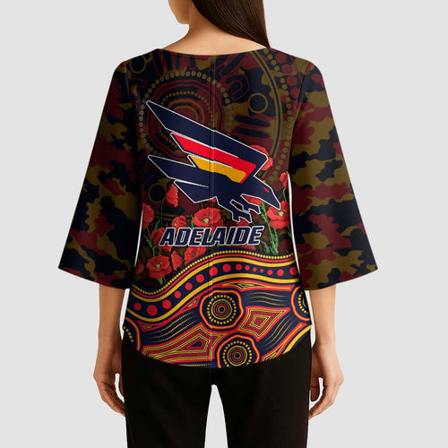 Adelaide Crows ANZAC Day Kimono Sleeve Blouse Indigenous Dot Art with Poppy Flower Tribute