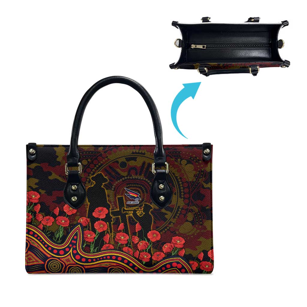 Adelaide Crows ANZAC Day Leather Bag Indigenous Dot Art with Poppy Flower Tribute