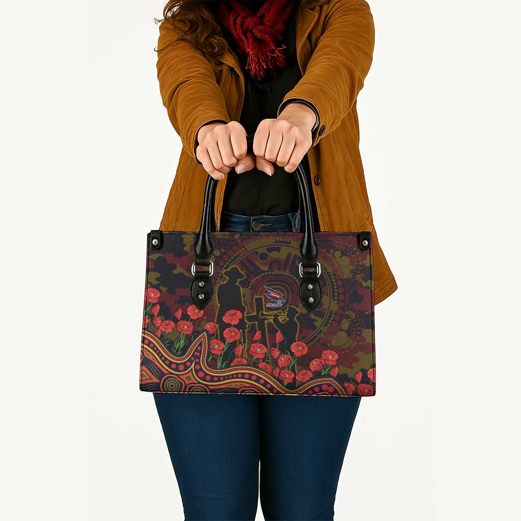 Adelaide Crows ANZAC Day Leather Bag Indigenous Dot Art with Poppy Flower Tribute