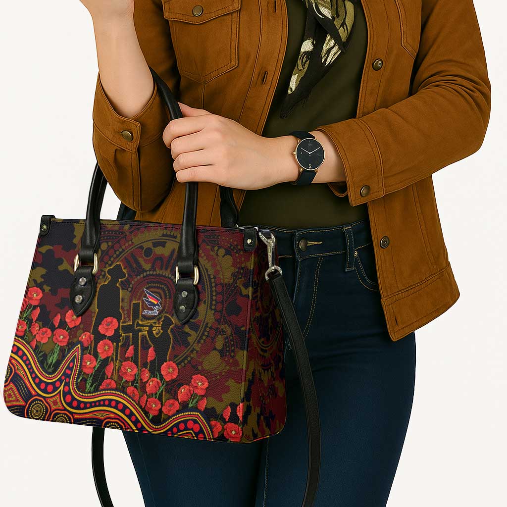 Adelaide Crows ANZAC Day Leather Bag Indigenous Dot Art with Poppy Flower Tribute