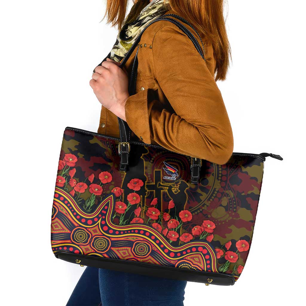 Adelaide Crows ANZAC Day Leather Tote Bag Indigenous Dot Art with Poppy Flower Tribute