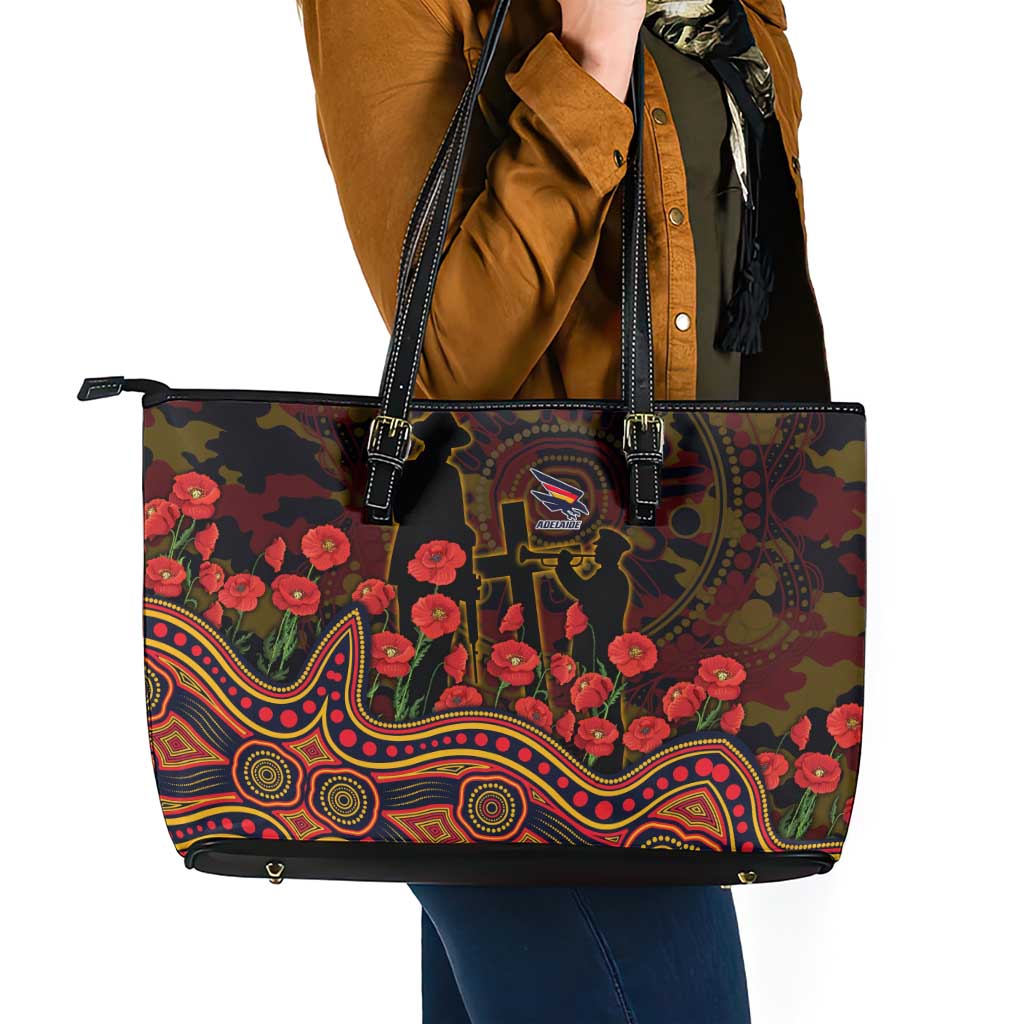 Adelaide Crows ANZAC Day Leather Tote Bag Indigenous Dot Art with Poppy Flower Tribute