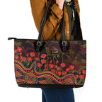 Adelaide Crows ANZAC Day Leather Tote Bag Indigenous Dot Art with Poppy Flower Tribute