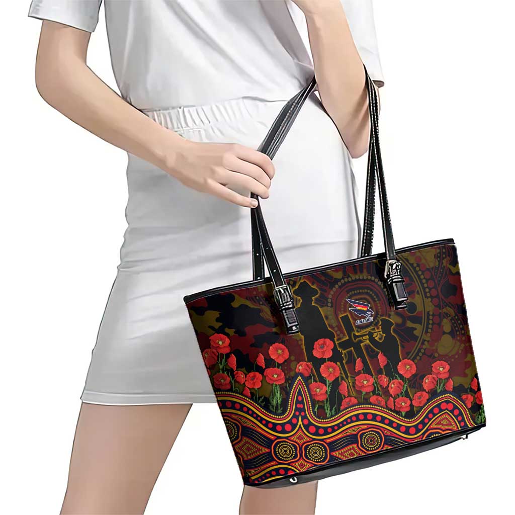 Adelaide Crows ANZAC Day Leather Tote Bag Indigenous Dot Art with Poppy Flower Tribute