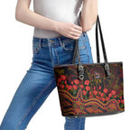 Adelaide Crows ANZAC Day Leather Tote Bag Indigenous Dot Art with Poppy Flower Tribute