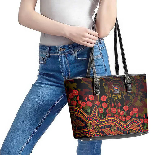 Adelaide Crows ANZAC Day Leather Tote Bag Indigenous Dot Art with Poppy Flower Tribute