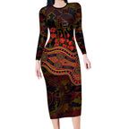 Adelaide Crows ANZAC Day Long Sleeve Bodycon Dress Indigenous Dot Art with Poppy Flower Tribute