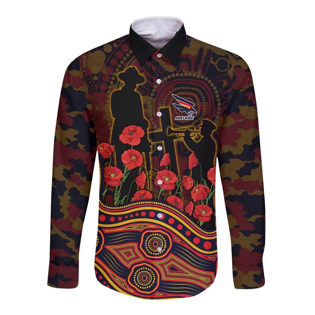 Adelaide Crows ANZAC Day Long Sleeve Button Shirt Indigenous Dot Art with Poppy Flower Tribute