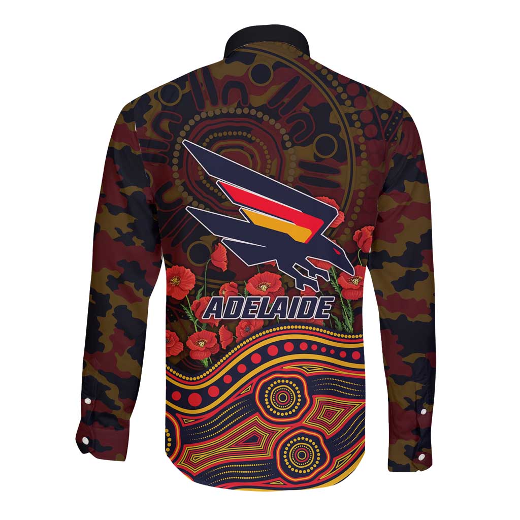 Adelaide Crows ANZAC Day Long Sleeve Button Shirt Indigenous Dot Art with Poppy Flower Tribute