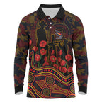 Adelaide Crows ANZAC Day Long Sleeve Polo Shirt Indigenous Dot Art with Poppy Flower Tribute
