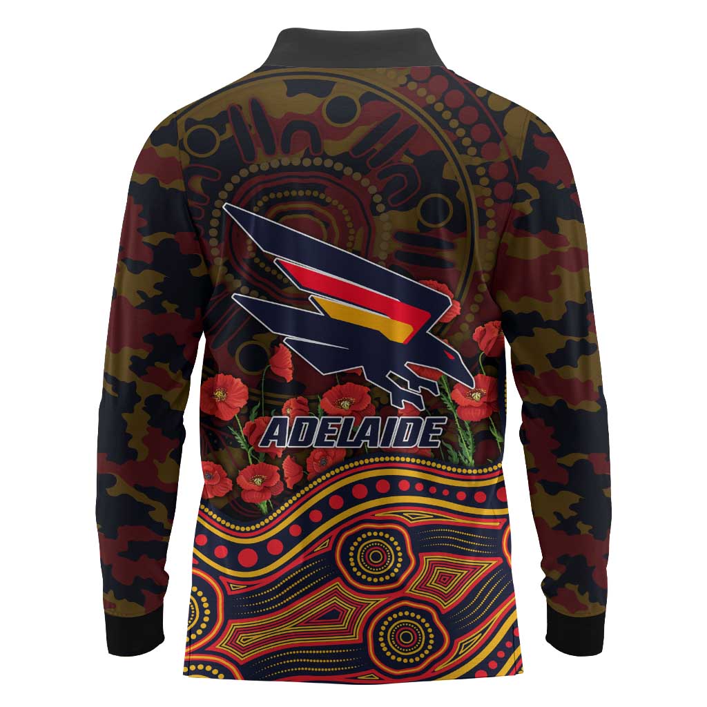 Adelaide Crows ANZAC Day Long Sleeve Polo Shirt Indigenous Dot Art with Poppy Flower Tribute