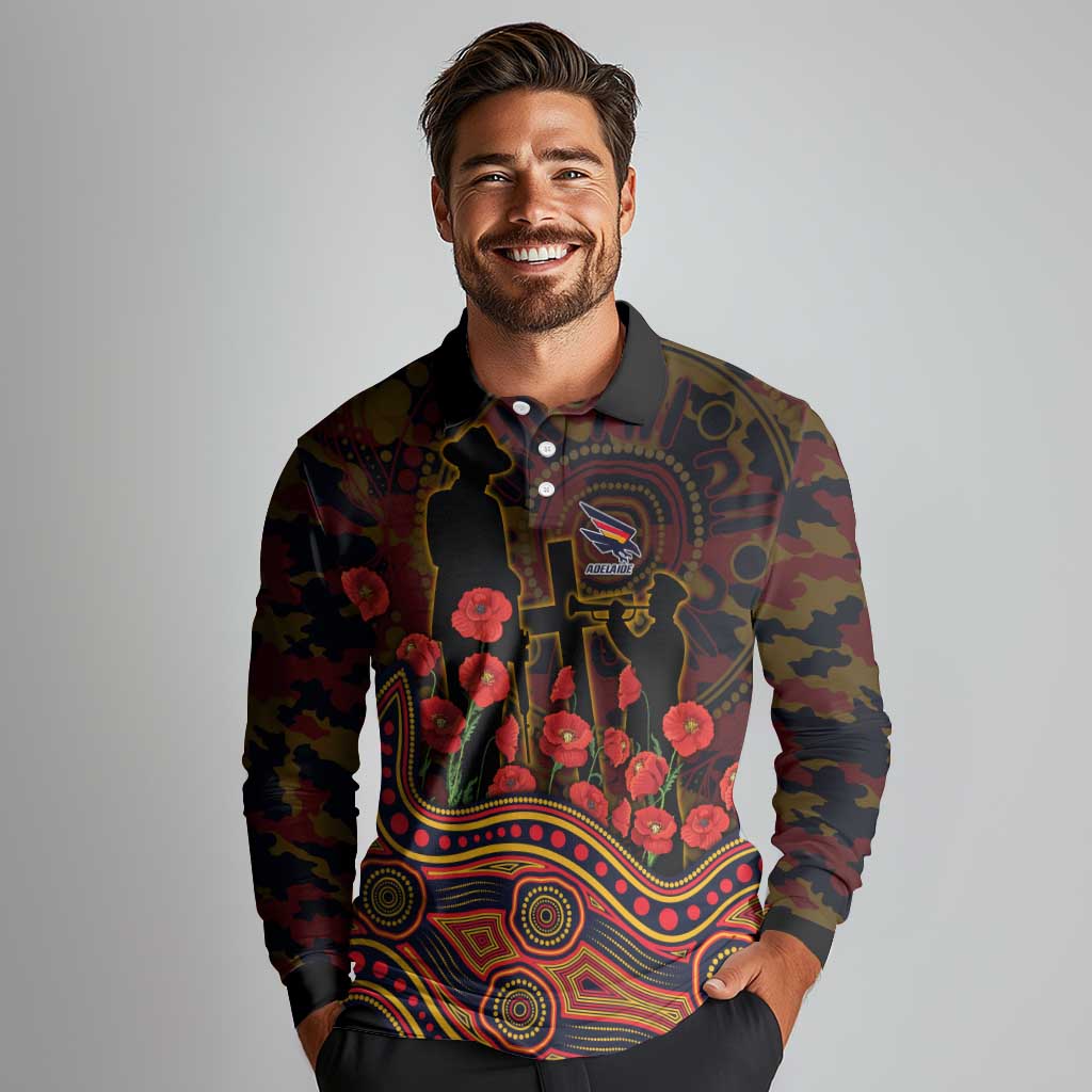 Adelaide Crows ANZAC Day Long Sleeve Polo Shirt Indigenous Dot Art with Poppy Flower Tribute