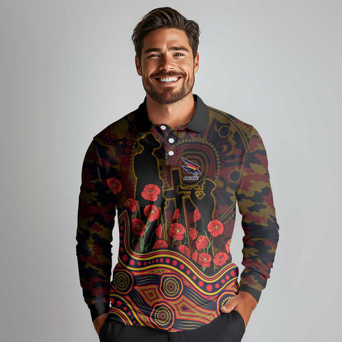 Adelaide Crows ANZAC Day Long Sleeve Polo Shirt Indigenous Dot Art with Poppy Flower Tribute