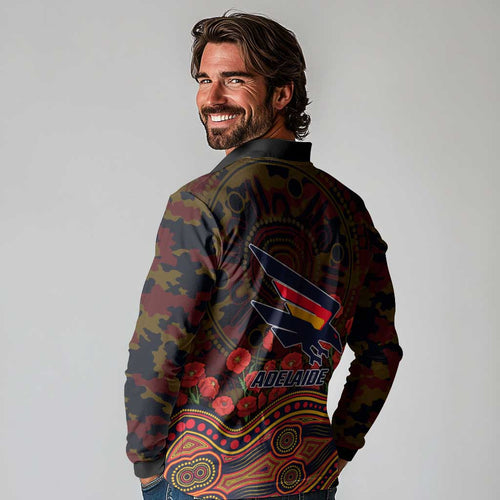 Adelaide Crows ANZAC Day Long Sleeve Polo Shirt Indigenous Dot Art with Poppy Flower Tribute