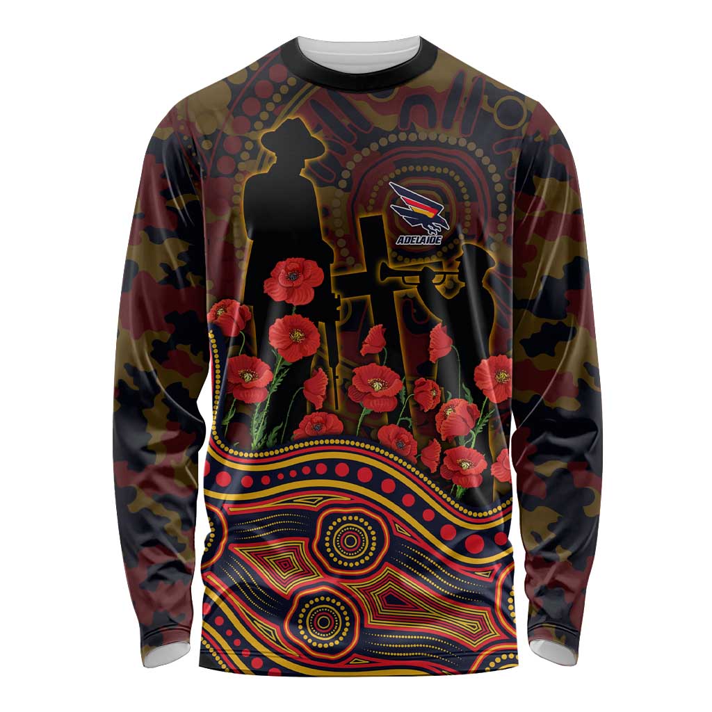 Adelaide Crows ANZAC Day Long Sleeve Shirt Indigenous Dot Art with Poppy Flower Tribute