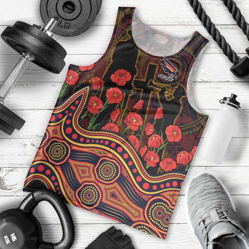 Adelaide Crows ANZAC Day Men Tank Top Indigenous Dot Art with Poppy Flower Tribute