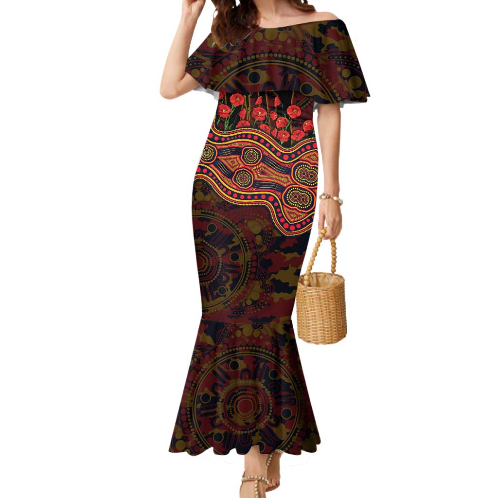 Adelaide Crows ANZAC Day Mermaid Dress Indigenous Dot Art with Poppy Flower Tribute