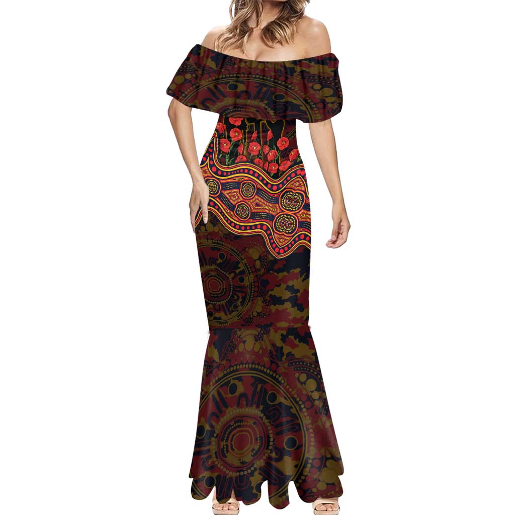 Adelaide Crows ANZAC Day Mermaid Dress Indigenous Dot Art with Poppy Flower Tribute
