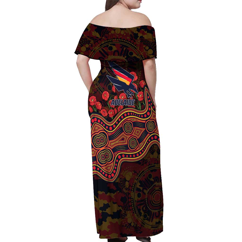 Adelaide Crows ANZAC Day Off Shoulder Maxi Dress Indigenous Dot Art with Poppy Flower Tribute