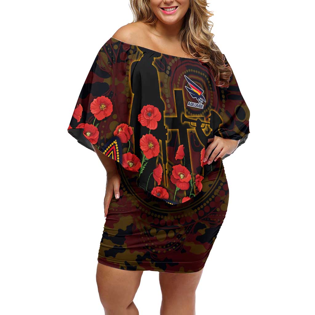 Adelaide Crows ANZAC Day Off Shoulder Short Dress Indigenous Dot Art with Poppy Flower Tribute