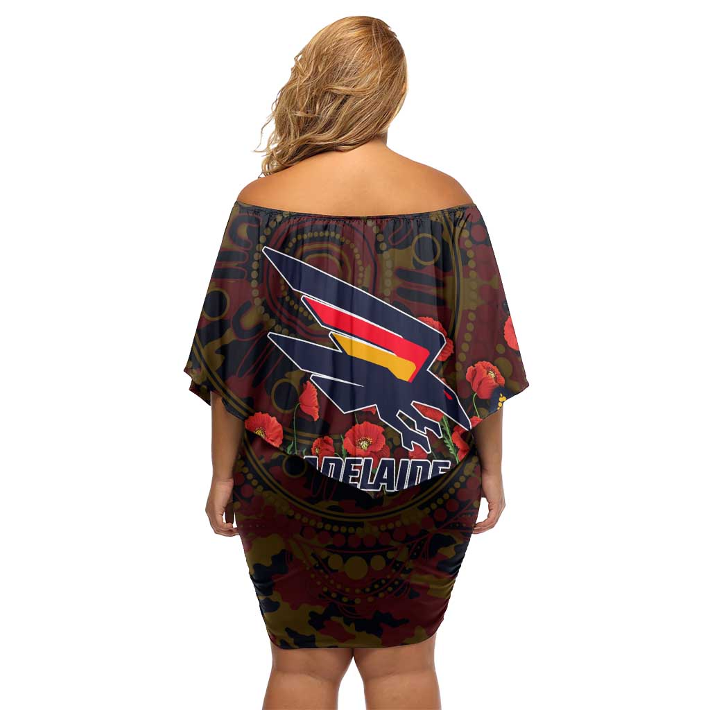 Adelaide Crows ANZAC Day Off Shoulder Short Dress Indigenous Dot Art with Poppy Flower Tribute