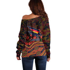Adelaide Crows ANZAC Day Off Shoulder Sweater Indigenous Dot Art with Poppy Flower Tribute