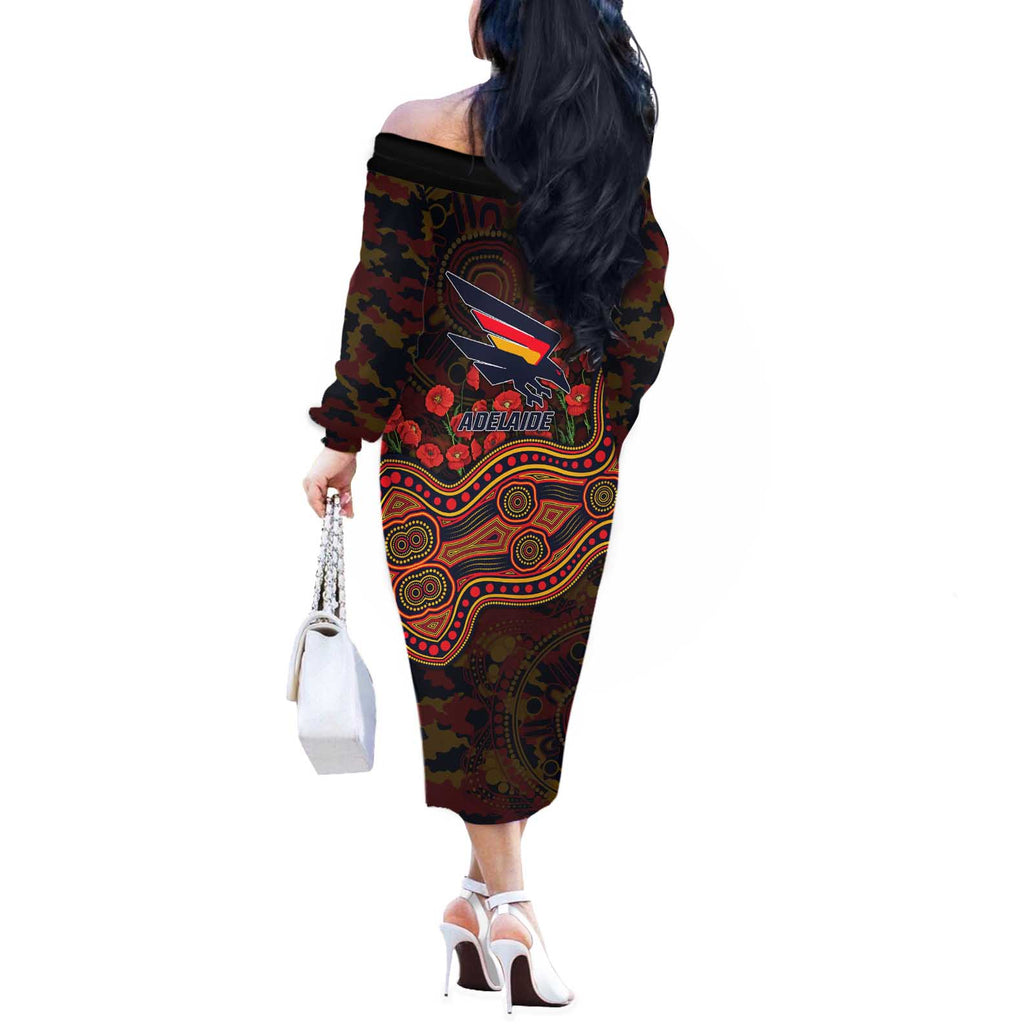 Adelaide Crows ANZAC Day Off The Shoulder Long Sleeve Dress Indigenous Dot Art with Poppy Flower Tribute