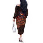 Adelaide Crows ANZAC Day Off The Shoulder Long Sleeve Dress Indigenous Dot Art with Poppy Flower Tribute