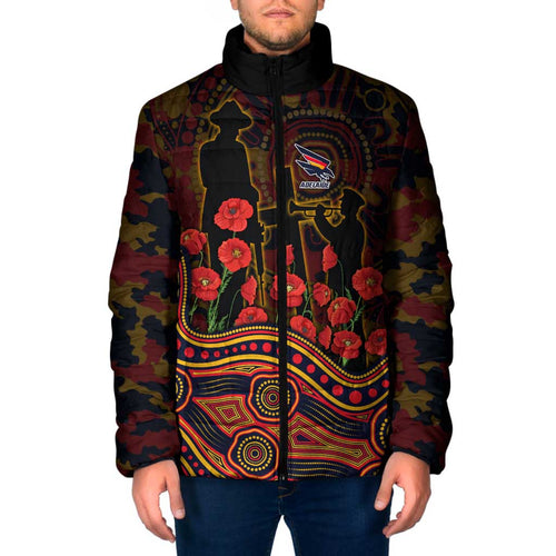 Adelaide Crows ANZAC Day Padded Jacket Indigenous Dot Art with Poppy Flower Tribute