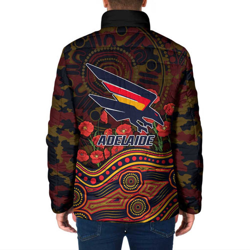 Adelaide Crows ANZAC Day Padded Jacket Indigenous Dot Art with Poppy Flower Tribute