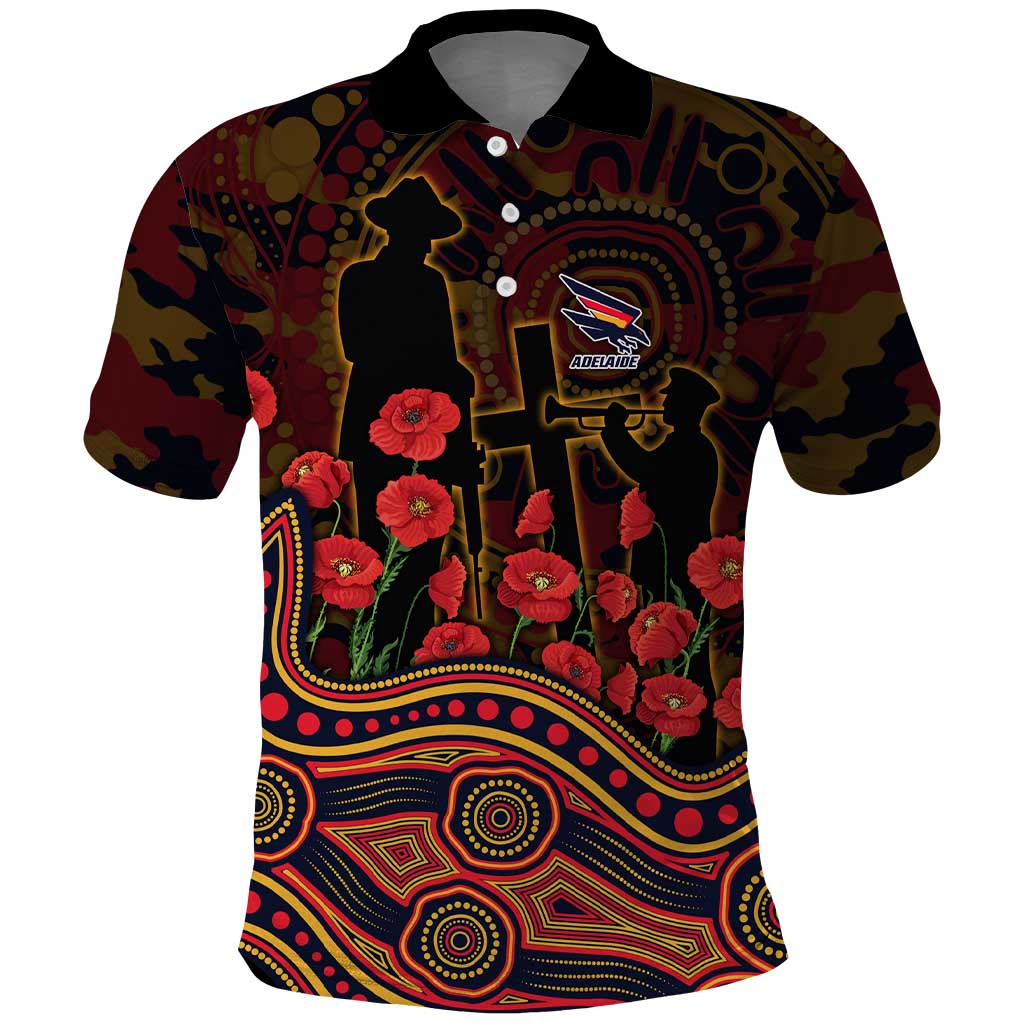 Adelaide Crows ANZAC Day Polo Shirt Indigenous Dot Art with Poppy Flower Tribute