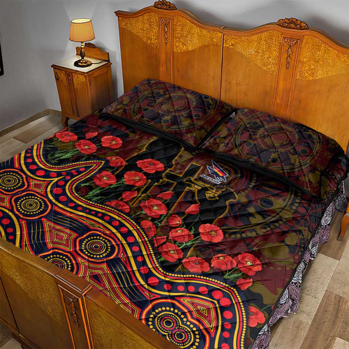 Adelaide Crows ANZAC Day Quilt Bed Set Indigenous Dot Art with Poppy Flower Tribute